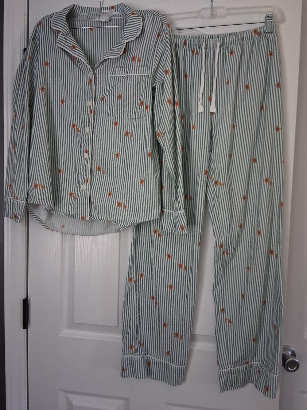 Target Wondershop Green and White Stripe Pajama Set with Orange Floral Accents